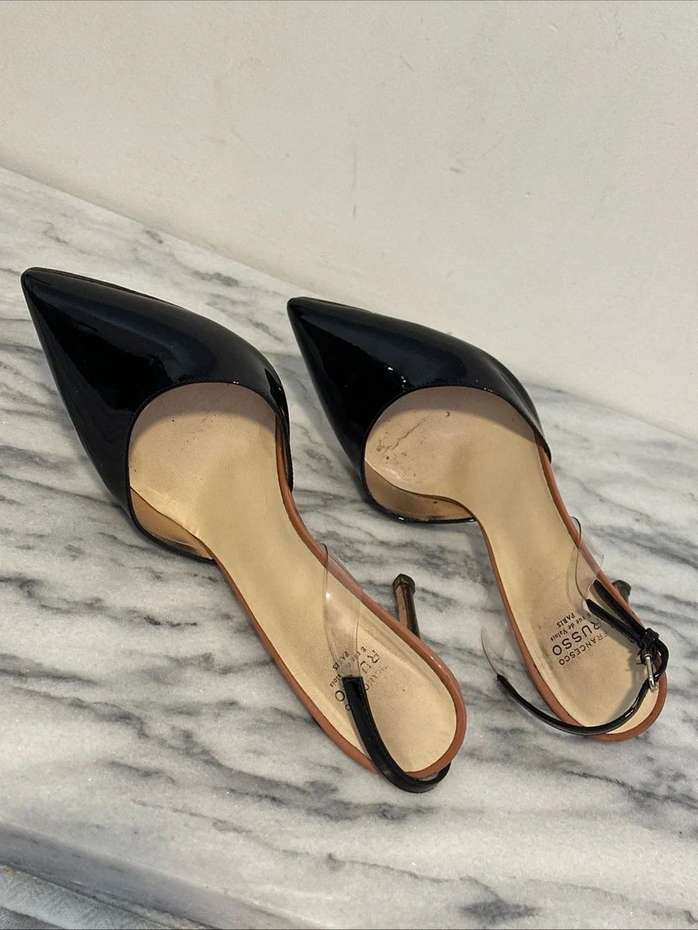 Francesco Russo Black Patent Pointed-Toe Slingback Heels Sz 38 Italy